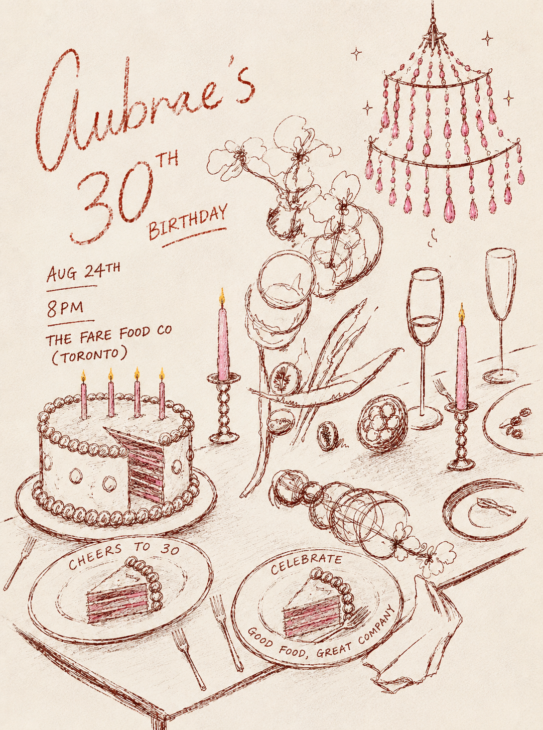 Aubrae's 30th Birthday — Monday August 24th, 8pm, The Fare Food Co., Toronto. A hand-drawn candlelit dinner scene with cake, flowers and a pink chandelier.
